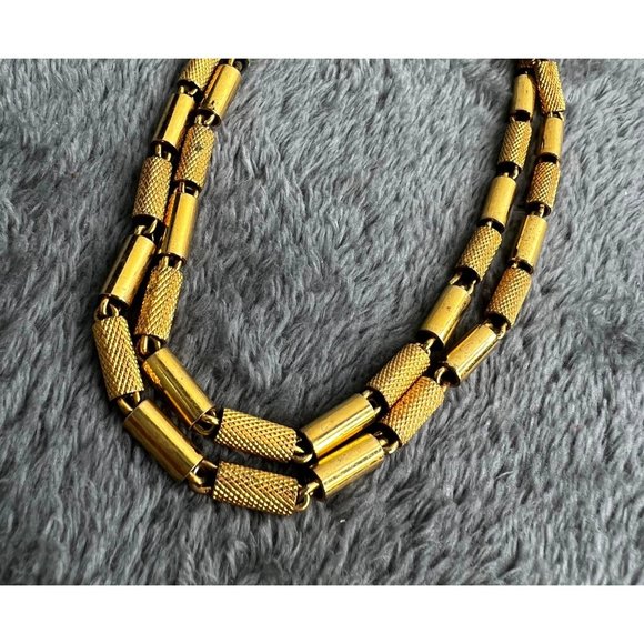 Vintage Tube Chain Link Necklace Long 16 in Drop Gold Tone Textured - Picture 5 of 6